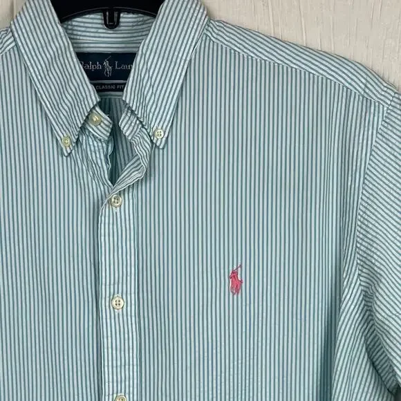 Ralph Lauren Seersucker Shirt men's Large classic fit, blue\ white stripe - Picture 4 of 5